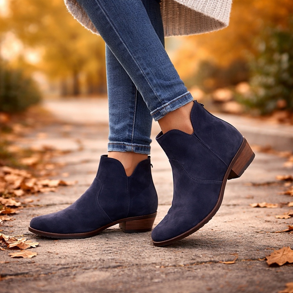 Cole Haan Navy Suede Ankle Booties Size 8.5B Slip On Low Heel Boots